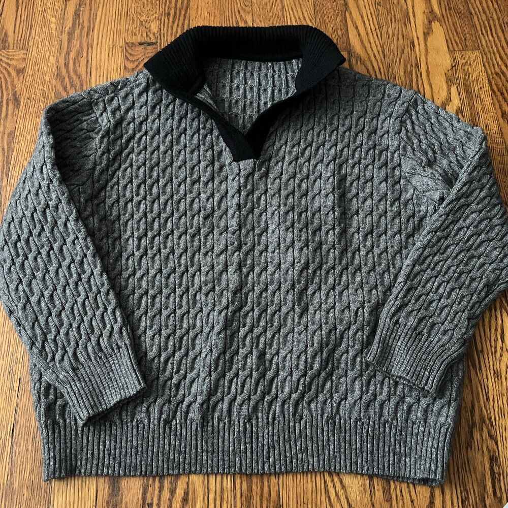 Shein Women's Dazy-Less Pullover Collared Cable Knit Grey Black Sweater Sz Med